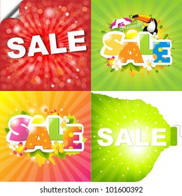 4 Colorful Sale Posters With Sunburst, Vector Illustration