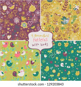 4 colorful seamless pattern in vector. Birds in flowers concept