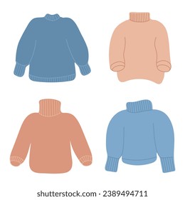 4 colorful simple sweaters. Universal pattern of warm sweaters, pullovers, hoodies