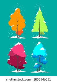 4 Colorful Trees with Snow for Chirtmas