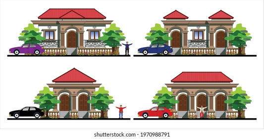 4 colorful vector illustration of simple classic building that each have different numbers of column and facade design. 