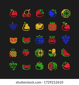 4 colors 16px fruits icons, strawberries, pear, grapes, banana, apple, pineapple and cherry. Pixel art. Design for logo, sticker and mobile app. Isolated vector illustration.