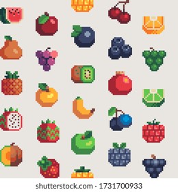 4 colors 16px seamless patterns fruits, fabric textures, pixel art style, isolated vector illustration. Game assets. Element design for knitting, logo, embroidery.