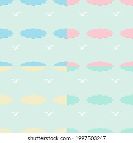 4 colors Pastel clouds and bird Vector Seamless pattern for decorating, wallpaper, wrapping paper, background, handkerchief, fabric pattern.