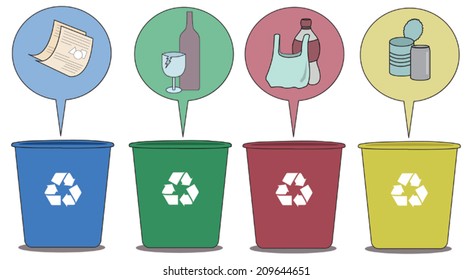 4 colors recycle bins with sample pictures of recyclable waste 
