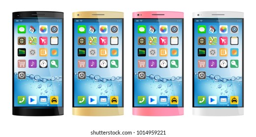 4 colors smartphones, mobile phone isolated, app icon, vector illustration image.