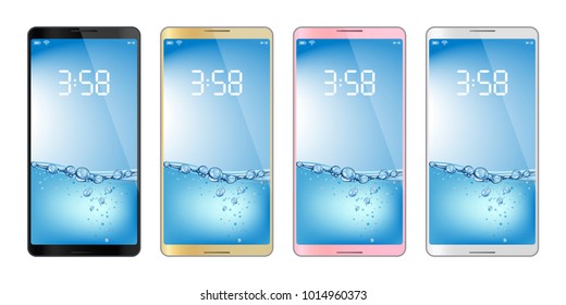 4 colors smartphones, mobile phone isolated, water background, vector illustration image.
