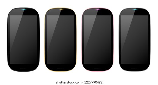 4 colors smartphones, mobile phone isolated, empty display, vector illustration image.