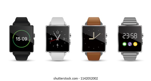 4 colors smartwatchs, black white leather silver, vector illustration image.