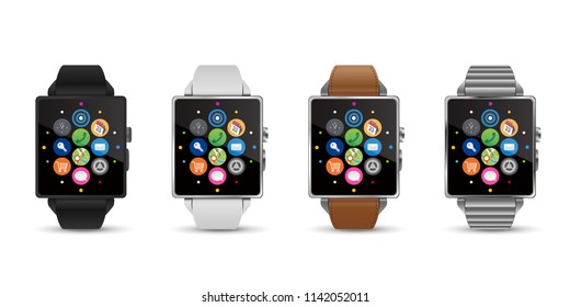 4 colors smartwatchs, black white leather silver, vector illustration image.