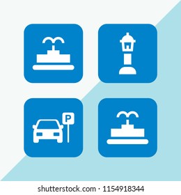 4 column icons in vector set. parked car, fountain and street lamp illustration for web and graphic design