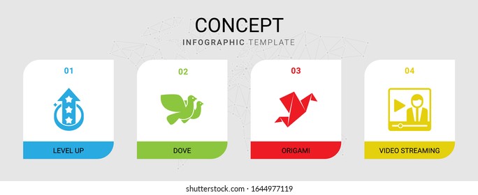 4 concept filled icons set isolated on infographic template. Icons set with level up, Dove, Origami, Video streaming icons.