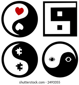 4 símbolos conceptuales para el precio de 1: El Zen de los Corazones; Lo-res Yin Yang; Piezas de rompecabezas; Ojos Toon