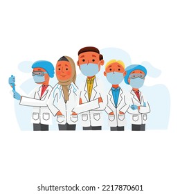 4 confident doctors wearing masks and one Muslim female doctor.