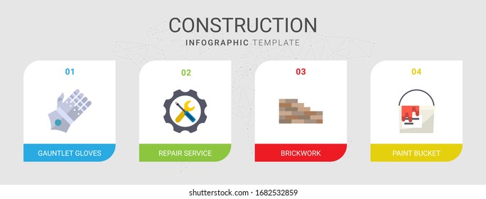 4 construction flat icons set isolated on infographic template. Icons set with jousting gloves, Repair service, brickwork, paint bucket icons.