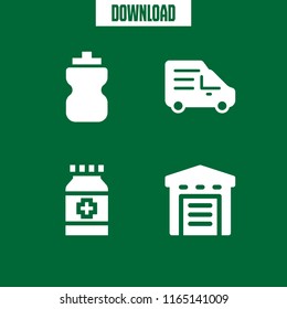 4 container vector icon set with bottle, warehouse, delivery truck and medicine icons for mobile and web