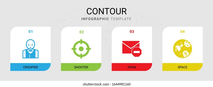 4 contour filled icons set isolated on infographic template. Icons set with Croupier, Shooter, Spam, space icons.