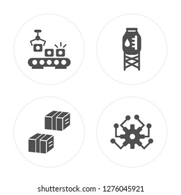 4 Conveyor, Boxes, Water tank, Artificial intelligence modern icons on round shapes, vector illustration, eps10, trendy icon set.