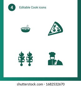 4 cook filled icons set isolated on . Icons set with Soup, Pizza, starters, chefs dish icons.