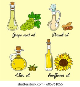 4 cooking oils in cute sketchy bottles. Hand drawn doodle set of edible vegetable food oil. With origin products:  olive, grape seed, peanut and sunflower.