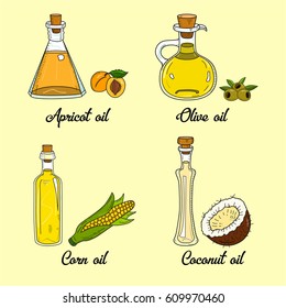 4 cooking oils in cute sketchy bottles. Hand drawn doodle set of edible vegetable food oil. With origin products:  olive, apricot, corn, coconut.