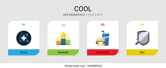 4 cool flat icons set isolated on infographic template. Icons set with stars, Ranking, Beverage, RPG icons.