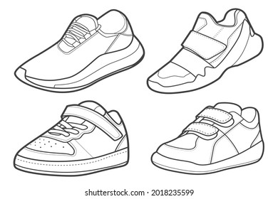 4 Cool Sneakers. Shoes sneaker outline drawing vector, Sneakers drawn in a sketch style, black line sneaker trainers template outline, Set Collection. vector Illustration.