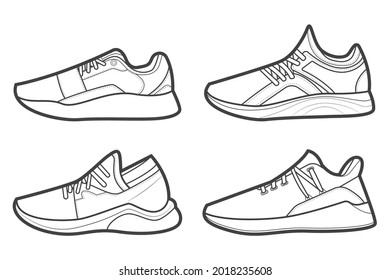 4 Cool Sneakers. Shoes sneaker outline drawing vector, Sneakers drawn in a sketch style, black line sneaker trainers template outline, Set Collection. vector Illustration.