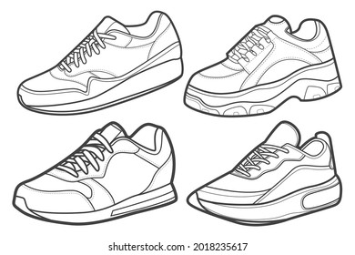 4 Cool Sneakers. Shoes sneaker outline drawing vector, Sneakers drawn in a sketch style, black line sneaker trainers template outline, Set Collection. vector Illustration.