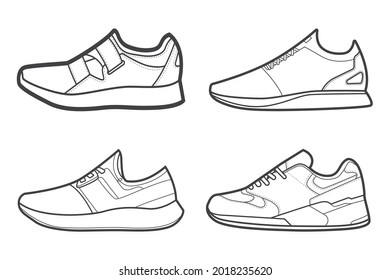 4 Cool Sneakers. Shoes sneaker outline drawing vector, Sneakers drawn in a sketch style, black line sneaker trainers template outline, Set Collection. vector Illustration.