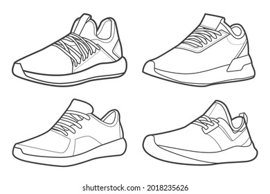 4 Cool Sneakers. Shoes sneaker outline drawing vector, Sneakers drawn in a sketch style, black line sneaker trainers template outline, Set Collection. vector Illustration.