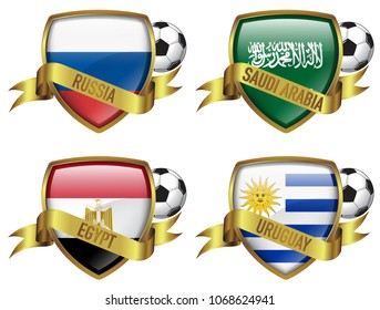 4 Countries Flags Icon Group A with gold Frame & Ribbon