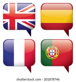 4 Country and Language Bubbles: UK (English), Spain (Spanish), France (French) and Portugal (Portuguese). EPS 10, vector illustration with CMYK colors. Big resolution JPG included.