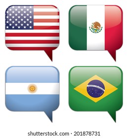 4 Country and Language Bubbles: USA (English), Mexico (Spanish), Argentina (Spanish) and Brazil (Portuguese). EPS 10, vector illustration with CMYK colors. Big resolution JPG included.