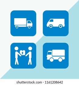 4 courier icons in vector set. delivery worker giving a box to a receiver, deliver, delivery truck and van illustration for web and graphic design