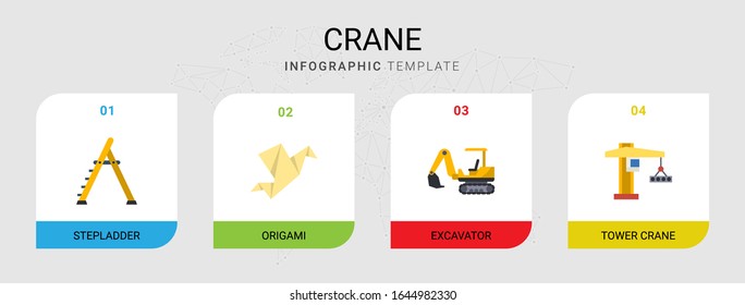 4 flache Kransymbole einzeln auf Infografik-Vorlage. Symbole mit Stepladder, Origami, Bagger, Turmkranicons.