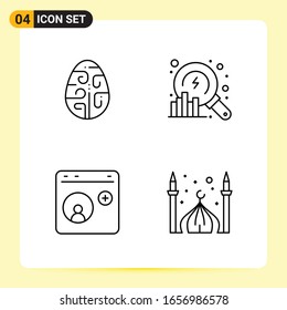 4 Iconos creativos para diseño de sitios web modernos y aplicaciones móviles sensibles. 4 Símbolos de esquema en fondo blanco. Paquete de 4 iconos.