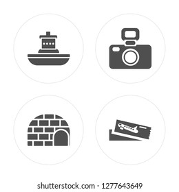 4 Cruise, Igloo, Camera, Boarding pass modern icons on round shapes, vector illustration, eps10, trendy icon set.