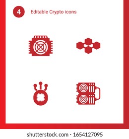 4 crypto filled icons set isolated on . Icons set with ASIC Miner, blockchain, Fork, mining farm icons.
