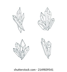 4 Kristall-Set. Handgezeichnete Vektorgrafik mit Rahmenelementen für Hexerei und esoterisches Design.