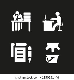 4 cup icons in vector set. man in office desk with computer, milk, notepad and desk illustration for web and graphic design
