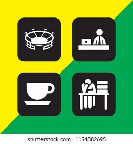 4 cup icons in vector set. football field, desk and coffe cup outline illustration for web and graphic design