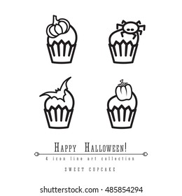4 cupcakes halloween vector line art icons set, cake icon decorated with pumpkin, spider and bat. Happy Halloween cupcake collection.