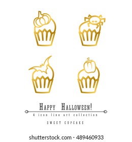 4 cupcakes halloween vector line art icons set, cake icon decorated with pumpkin, spider and bat. Happy Halloween collection in gold color.