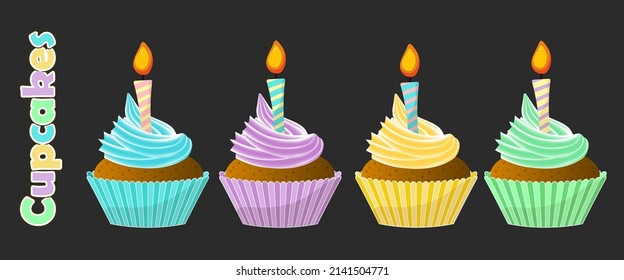 4 cupcakes or muffins of different colors with  cream and candles on the top.  Candlelight. Vector design.