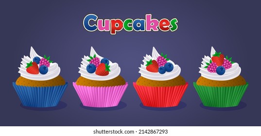 4 cupcakes or muffins of different colors with  white cream and berries on the top.  Strawberry, raspberry, blueberry.  Sweet dessert. Vector design.