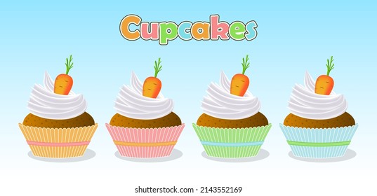 4 cupcakes or muffins of different colors with  white cream and carrots on the top. Easter celebration. Christian tradition.  Sweet dessert for the Easter egg hunting. Vector design.