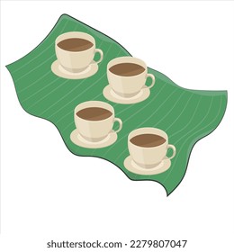 4 tazas de café negro en una bolsa de hojas de plátano. Ilustración del vector