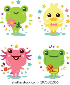 4 cute animals, frog, axolotl, duck and turtle. Cute pond kawaii animals for children purposes. 