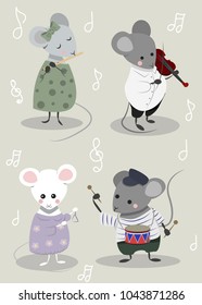 4 cute characters mice playing musical instruments flute violin drums and triangle 